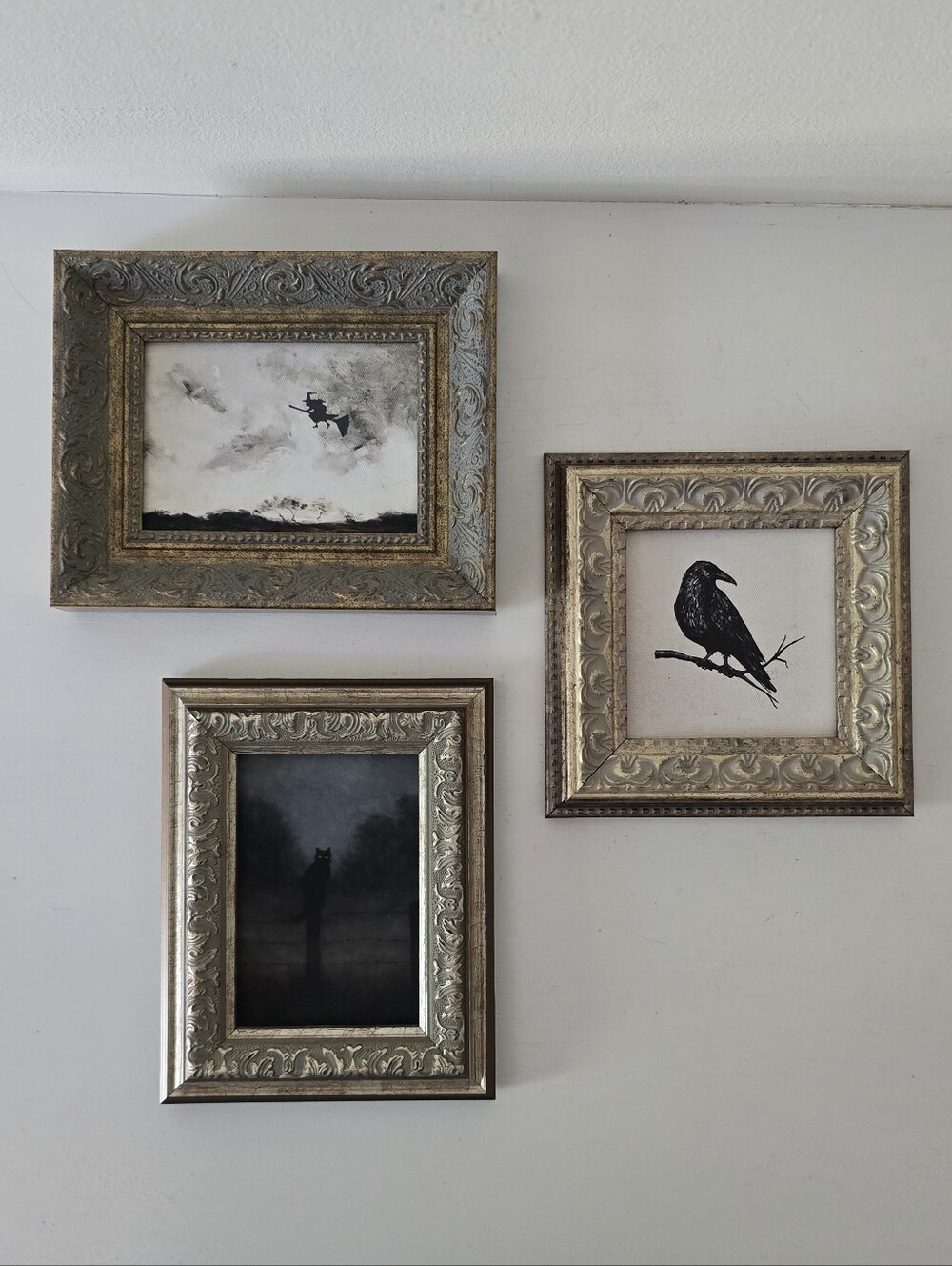 Gothic Halloween Wall Art Set Raven Black Cat Witch Decor